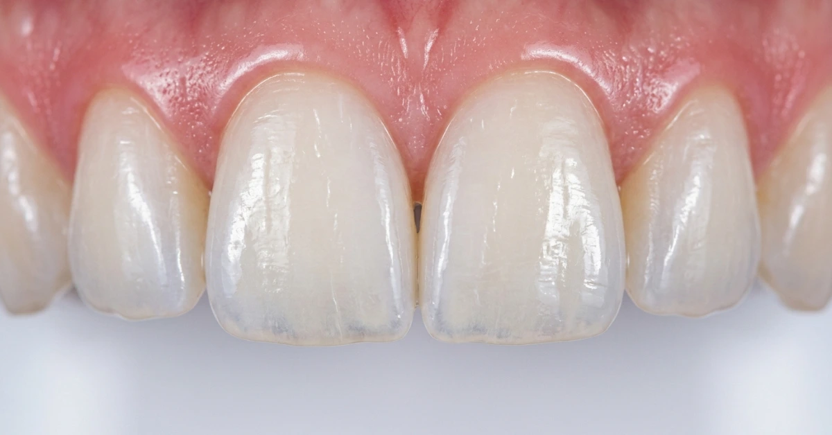 Close-up of front teeth showing harmless enamel craze lines