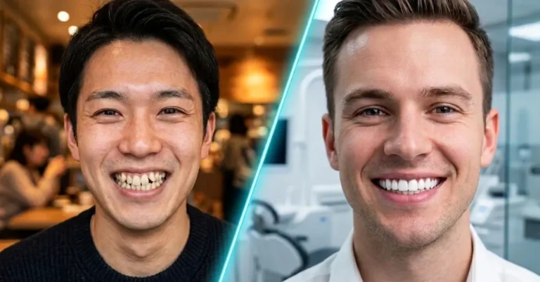 Comparison of crooked teeth and straight teeth alignment showing a Japanese yaeba smile next to a symmetrical dental smile for a feature article on tooth luck and aesthetics.