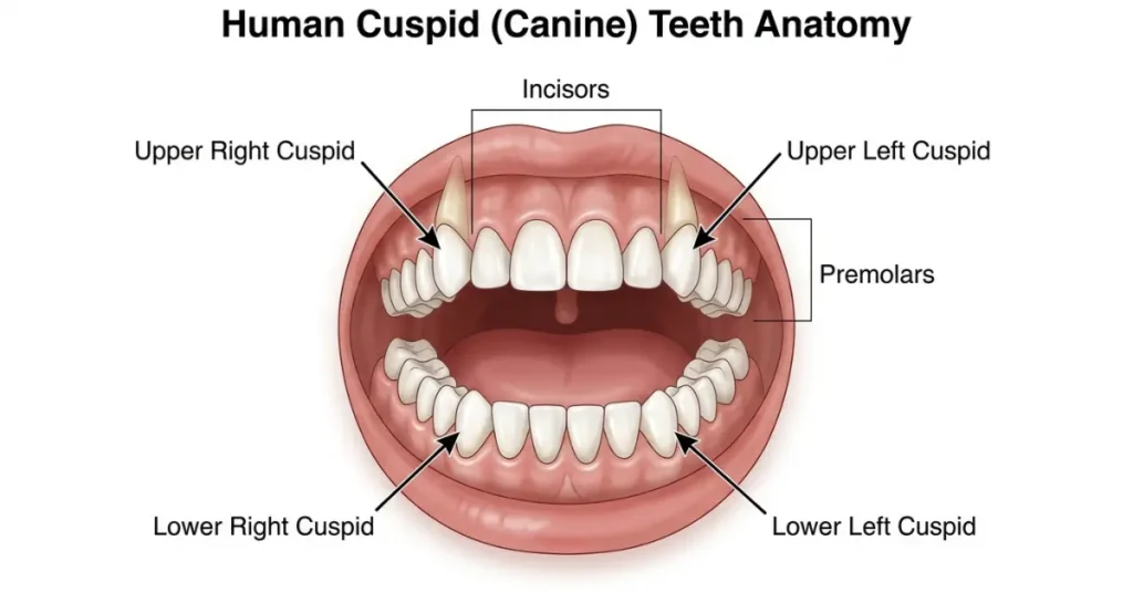 Cuspids teeth location between incisors and premolars in the human mouth