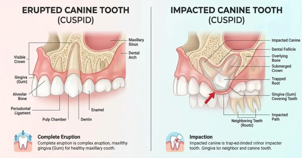 Erupted and impacted cuspids teeth comparison showing normal and trapped canine teeth