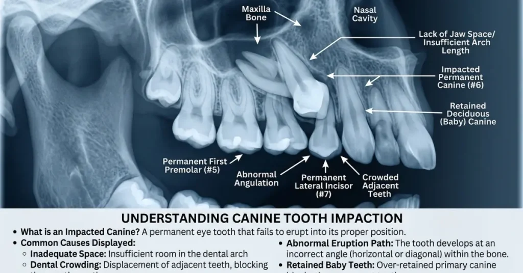 Causes of impacted cuspids teeth including crowding and abnormal tooth position