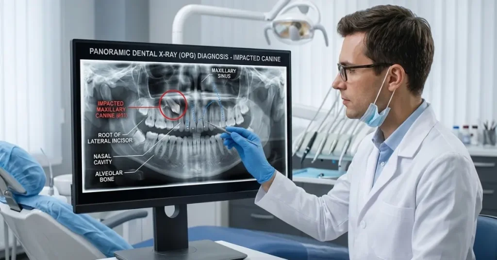 Dental X-ray showing diagnosis of impacted cuspids teeth
