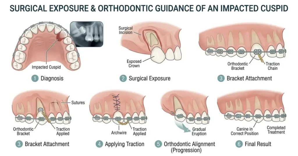 Surgical exposure treatment for an impacted cuspid tooth with orthodontic guidance