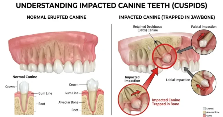 Impacted cuspids teeth showing trapped canine tooth in the upper jaw