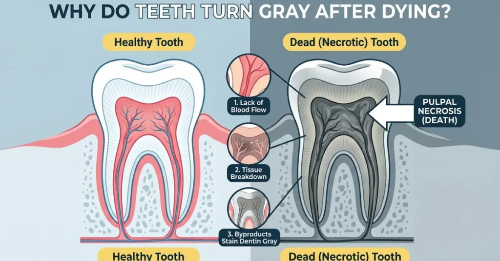Diagram showing why a tooth turns gray after dying, illustrating pulpal necrosis, lack of blood flow, and internal dentin discoloration in a cross-section of a dead tooth.