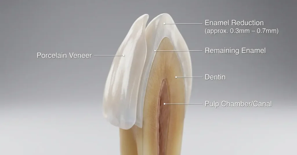 3D cross-section diagram showing 0.3mm to 0.7mm enamel prep for a porcelain veneer fit.