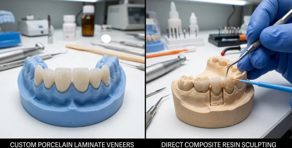 Side-by-side view of custom translucent porcelain veneers and sculpted composite resin models.