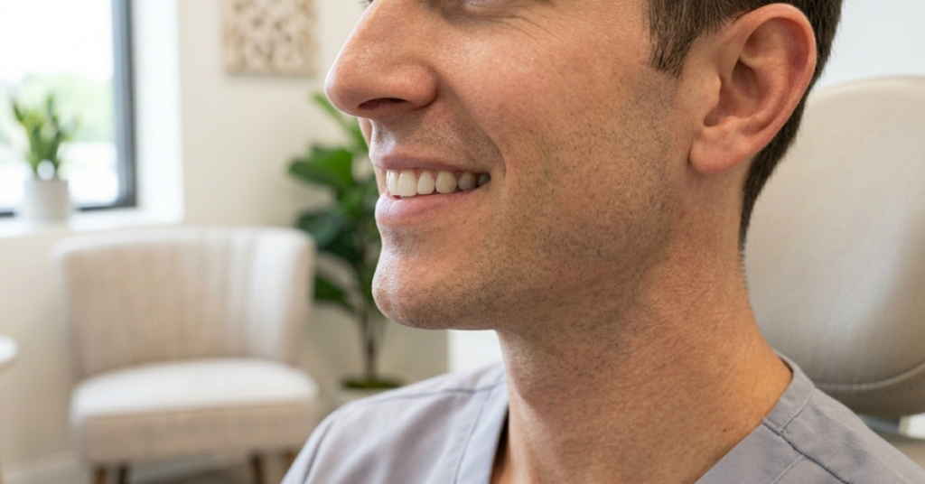 Side profile view of a patient's lower face showing natural lip support and facial harmony from dental structure.