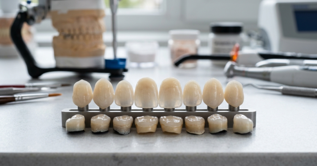 Ultra-thin porcelain veneers and composite dental samples displayed on a clean laboratory surface.