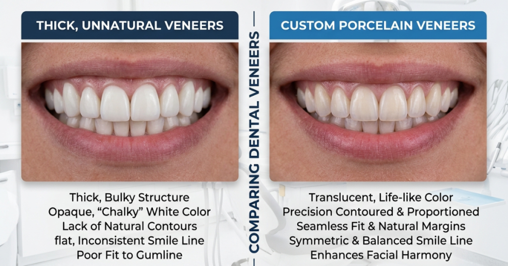Comparison graphic showing the difference between poorly designed bulky veneers versus naturally contoured dental veneers.