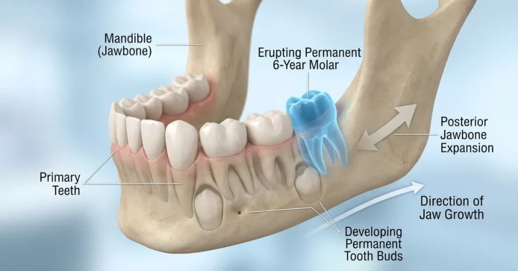 3D medical cross-section showing jawbone growth creating new space for a permanent six-year molar to erupt behind baby teeth.