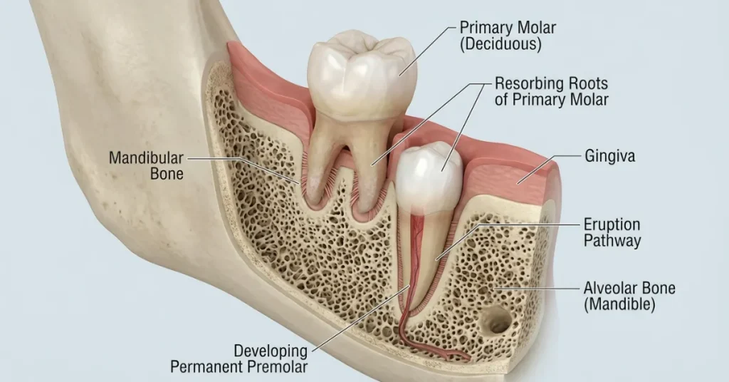 Step-by-step 3D diagram showing a loose primary baby molar being replaced by an emerging permanent premolar bicuspid.