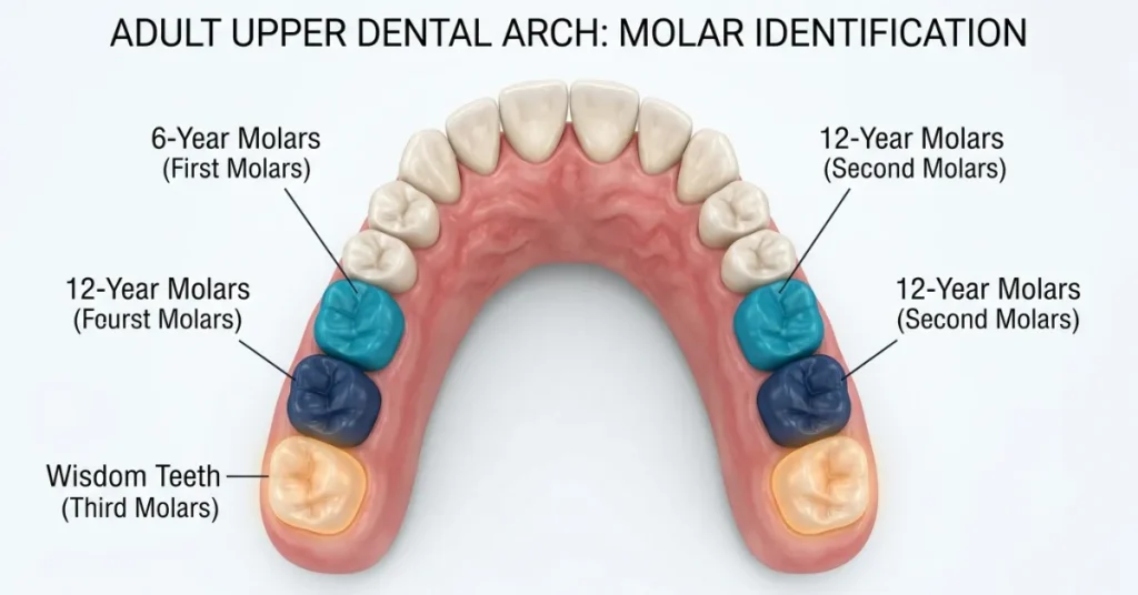 Dental arch diagram color-coding the eruption of six-year molars, twelve-year molars, and third molar wisdom teeth.