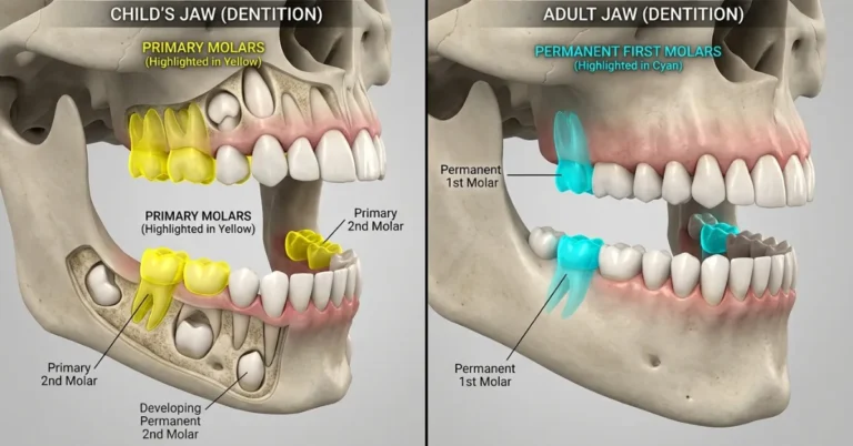 Split-screen 3D dental illustration comparing a child's jaw with primary baby molars to an adult jaw highlighting permanent first molars.