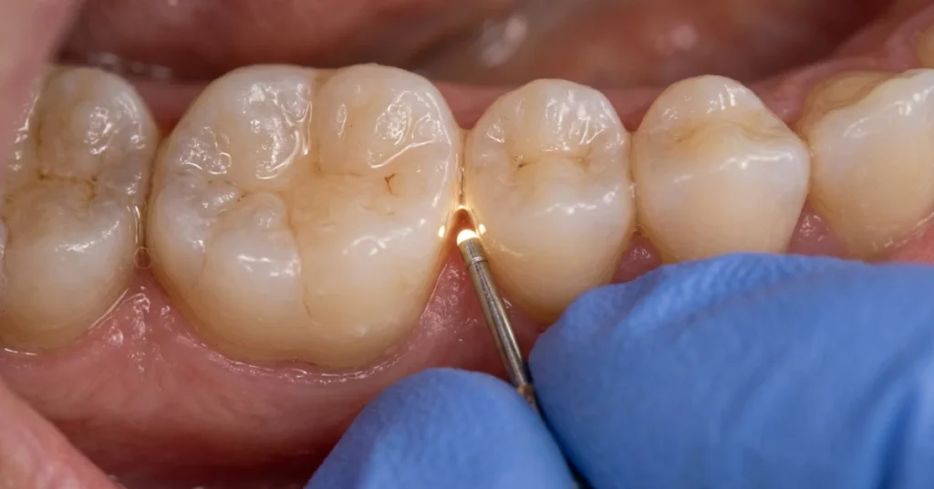 Dentist using a dental light to inspect a suspected cracked tooth