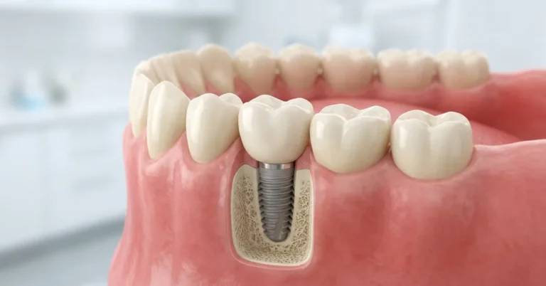 Realistic dental implant with titanium post anchored in the jawbone beneath a natural crown, subtle bone-healing cutaway showing osseointegration, realistic teeth and gums, clean clinical background, 3D medical style, 16:9, no text or labels.