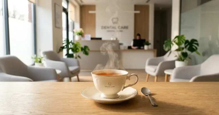 Steaming cup of hot coffee or tea in the foreground on a wooden table with a blurred modern dental clinic waiting area in the background.