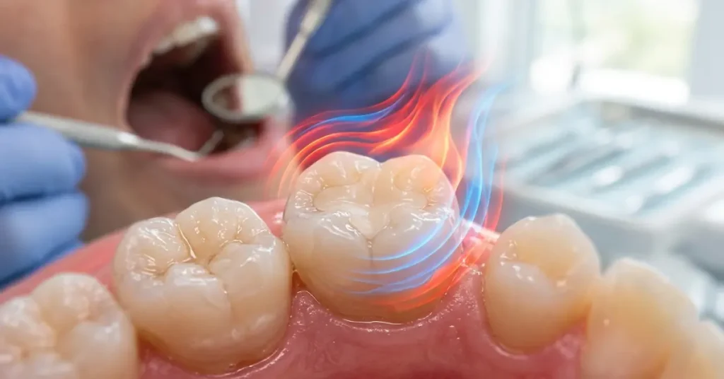 Dental model showing glowing heat waves on a molar, illustrating how long after a filling can you drink tea and handle temperature sensitivity.