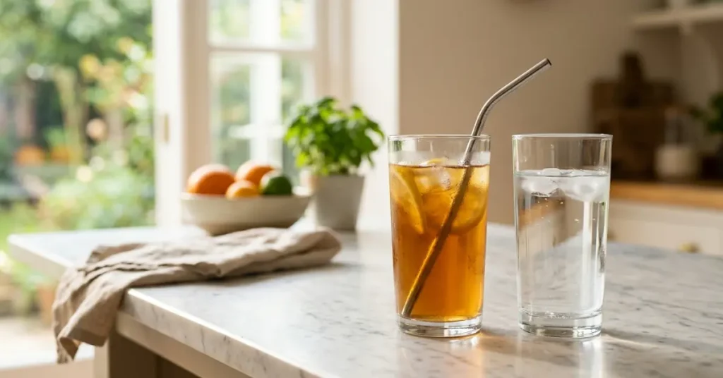 A glass of iced tea with lemon slices and a metal straw sitting next to a glass of ice water on a bright kitchen counter.