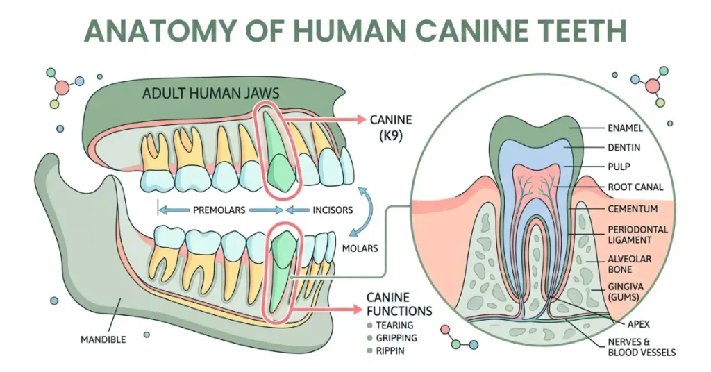 Universal Dental Numbering System diagram labeling canine teeth numbers 6, 11, 22, and 27.