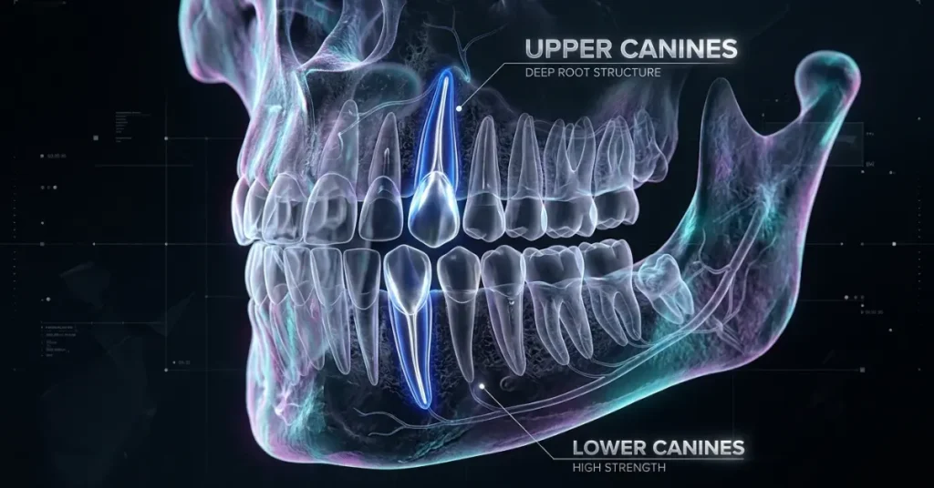 An X-ray of the human jaw highlighting the four canine teeth in blue.