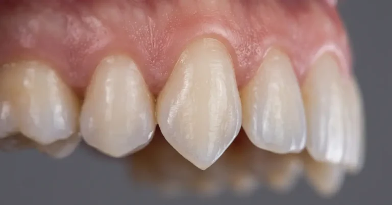 Close-up of a human smile highlighting the sharp upper right K9 canine tooth.
