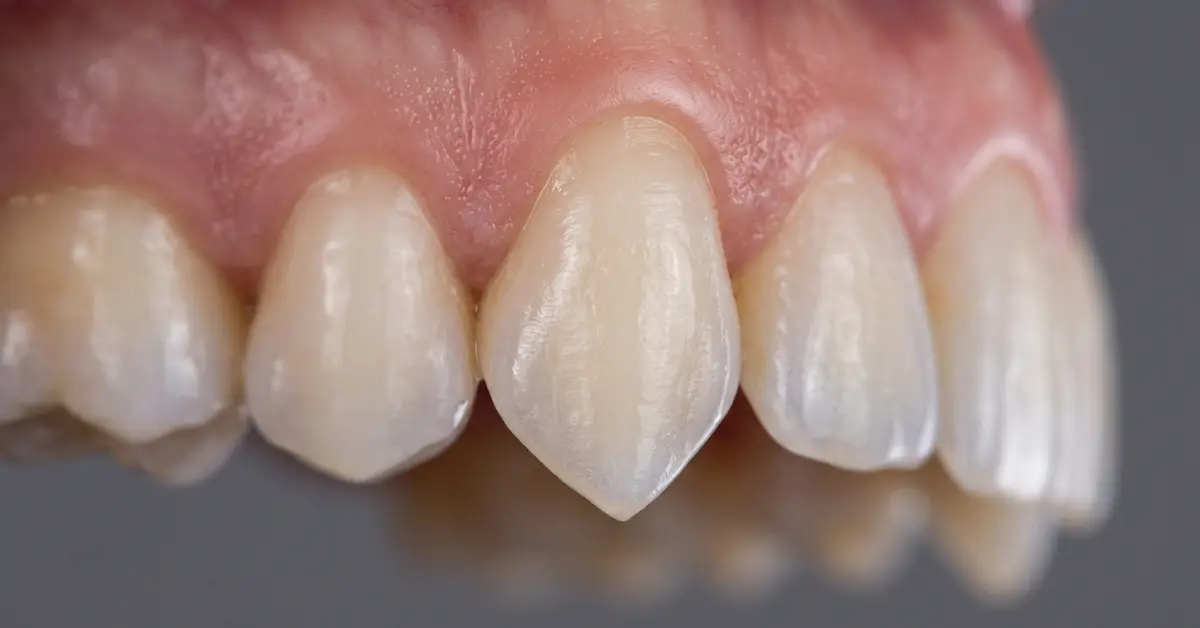Close-up of a human smile highlighting the sharp upper right K9 canine tooth.