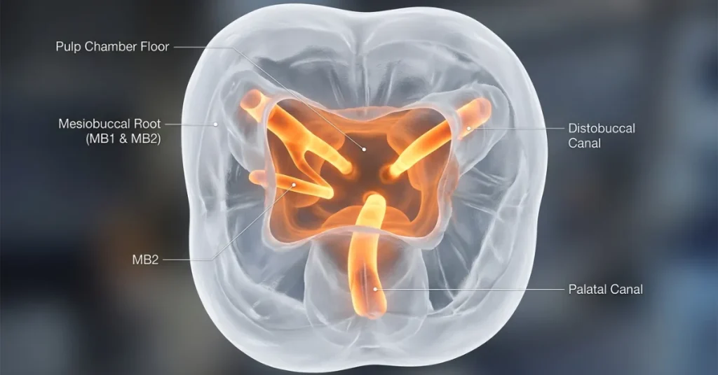 Endodontic 3D render showing four internal canals inside three molar roots