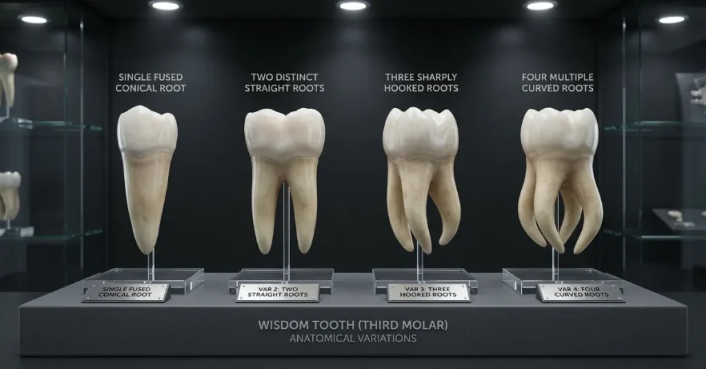 3D display comparing straight, fused, hooked, and four-rooted wisdom teeth