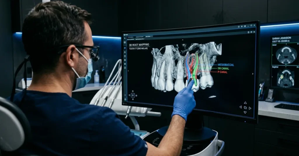 Dentist analyzing 3D CBCT scan showing tooth root structures on monitor