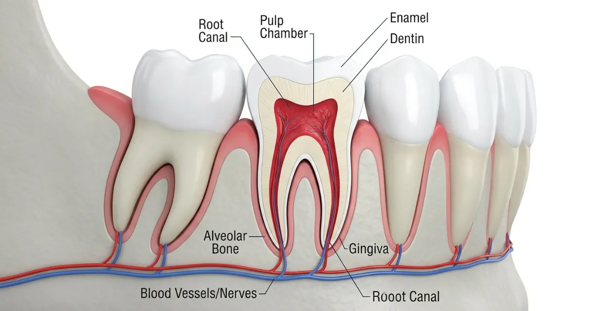 3D translucent jaw illustration showing tooth roots anchored inside jawbone