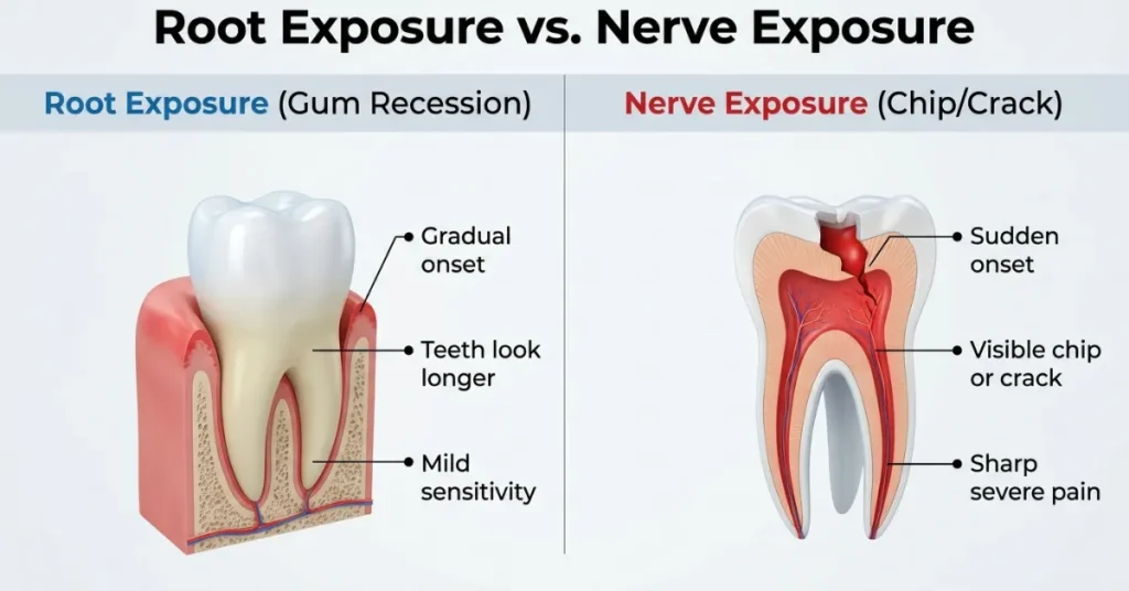 Comparison chart showing differences between exposed tooth root from gum recession and exposed tooth nerve from a chip or crack