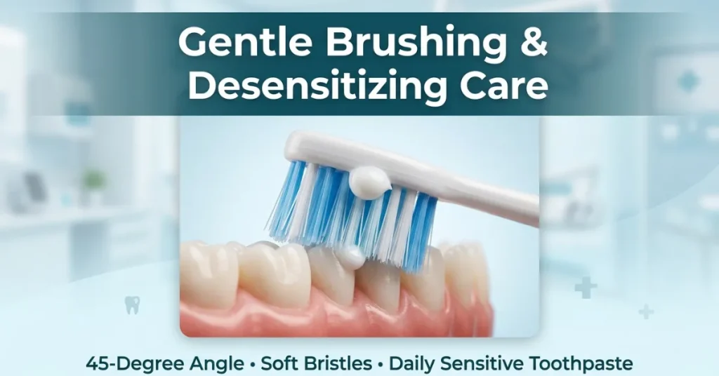 Soft-bristled toothbrush applying desensitizing toothpaste to an exposed tooth root at a 45-degree angle