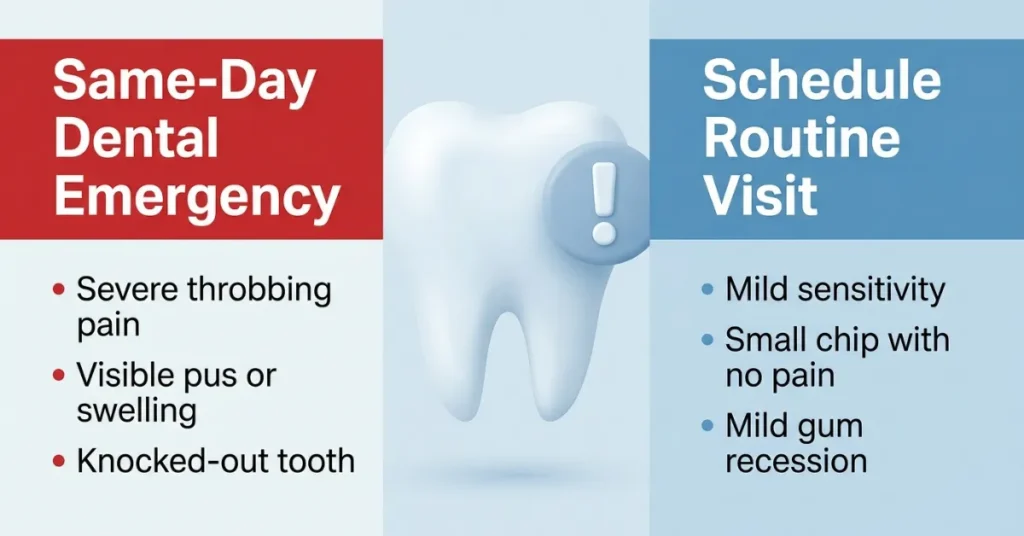 Dental emergency decision guide for exposed tooth pain showing when to seek same-day dental care versus routine treatment