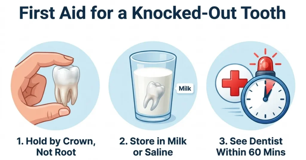 First aid steps for an emergency knocked-out or broken exposed tooth including crown handling and milk storage