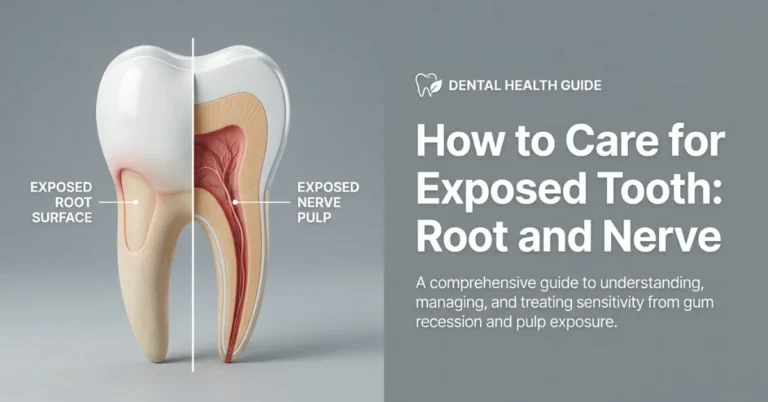 How to Care for Exposed Tooth: Root and Nerve complete guide banner showing dental anatomy and home care care options