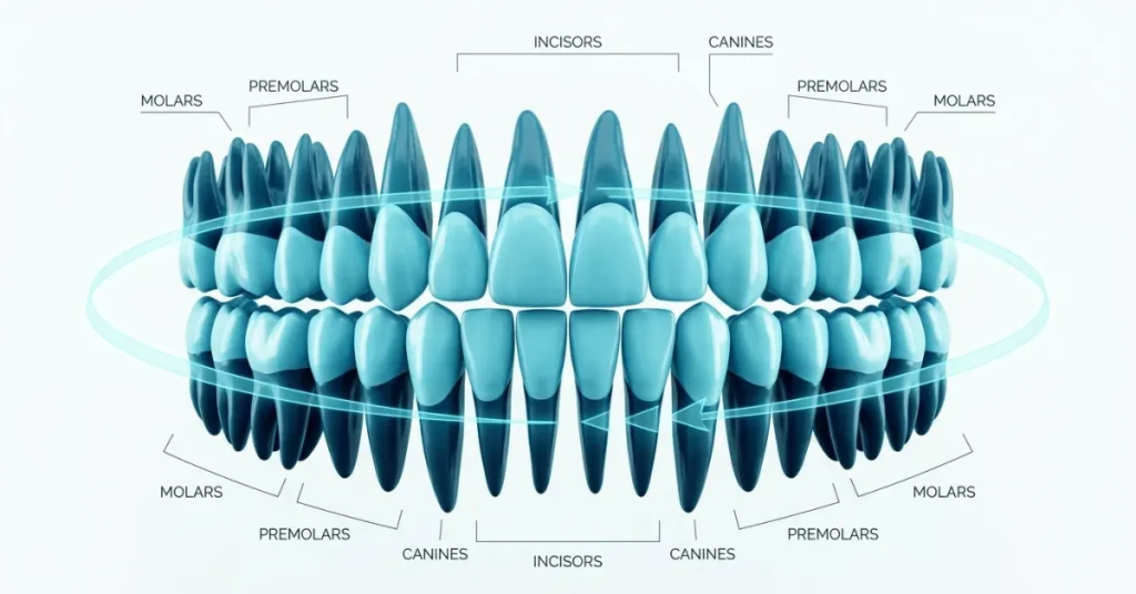 Educational infographic concept of adult teeth showing the clockwise flow of the Universal Tooth Numbering System.