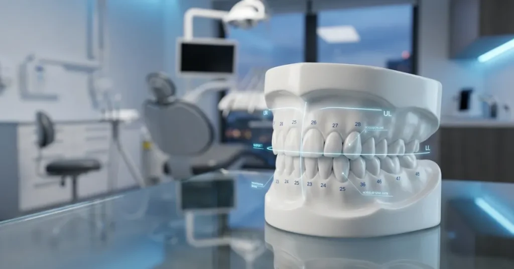 Photorealistic dental jaw model on a desk with subtle digital lines dividing the mouth into four quadrants for tooth numbering.
