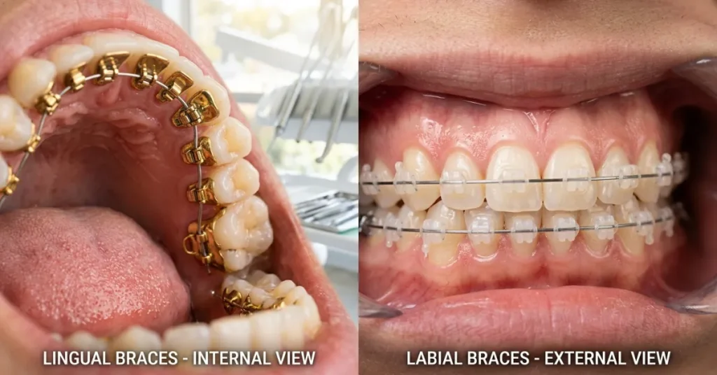 Side-by-side comparison of custom lingual braces behind the teeth versus standard labial braces on the front of the teeth.