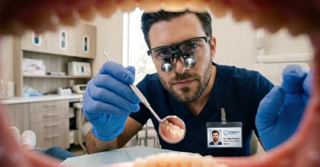 Dentist examining a tooth to diagnose craze lines vs cracked tooth