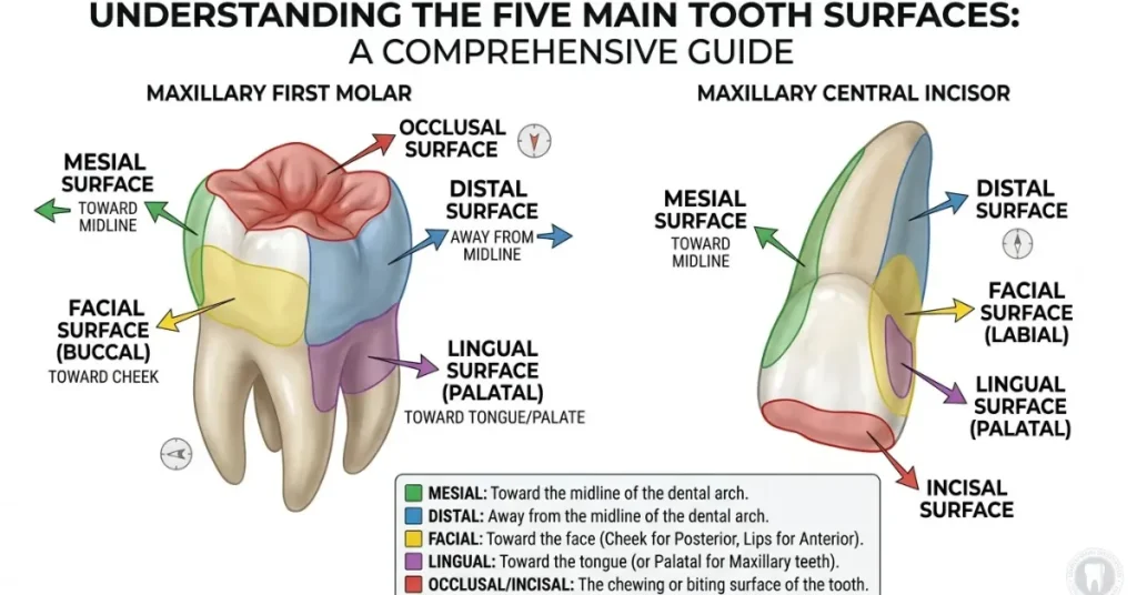 Comprehensive anatomical diagram illustrating the five main tooth surfaces—mesial, distal, facial/buccal, lingual/palatal, and occlusal/incisal—color-coded on a maxillary molar and central incisor.