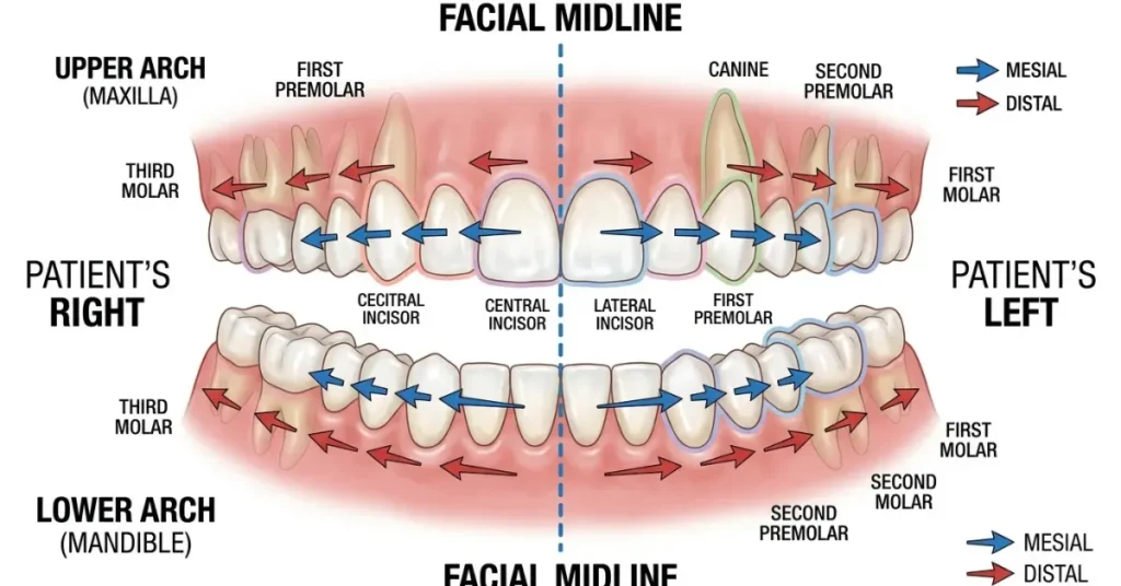 Full mouth arch diagram showing upper and lower teeth divided by the facial midline, with directional blue and red arrows indicating mesial surfaces pointing toward the midline and distal surfaces pointing toward the back of the jaw.
