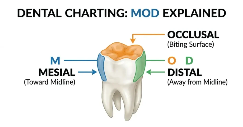 Dental chart explanation diagram depicting a single molar with color-coded regions illustrating an MOD restoration, showing the Mesial (M), Occlusal (O), and Distal (D) surfaces.