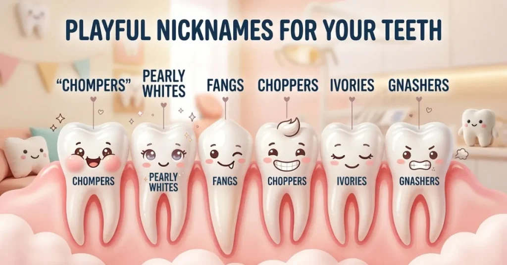 Funny tooth nicknames including chompers, pearly whites, fangs, choppers, ivories, and gnashers