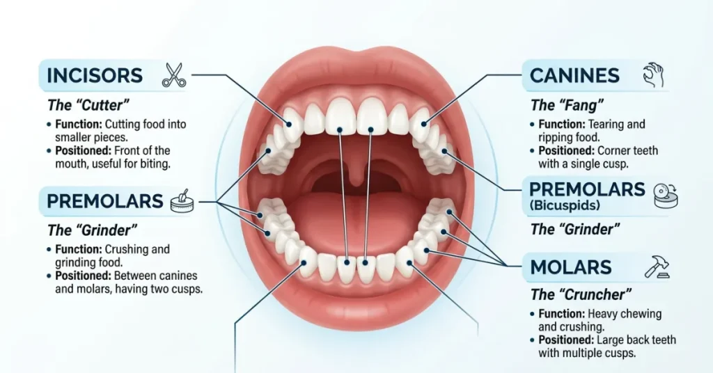 Tooth type nicknames for incisors, canines, premolars, and molars