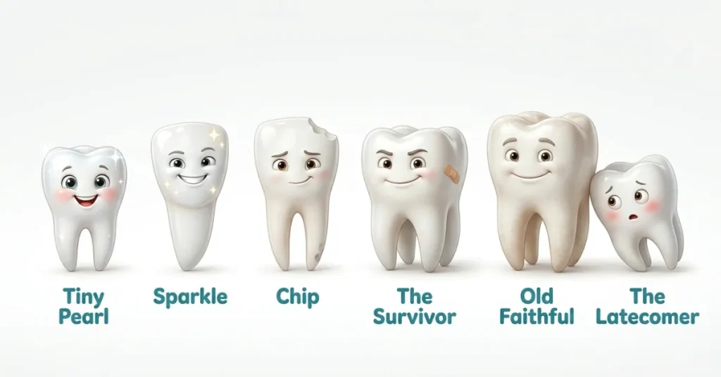 Cute and funny nicknames for individual teeth including Tiny Pearl, Sparkle, Chip, and The Latecomer