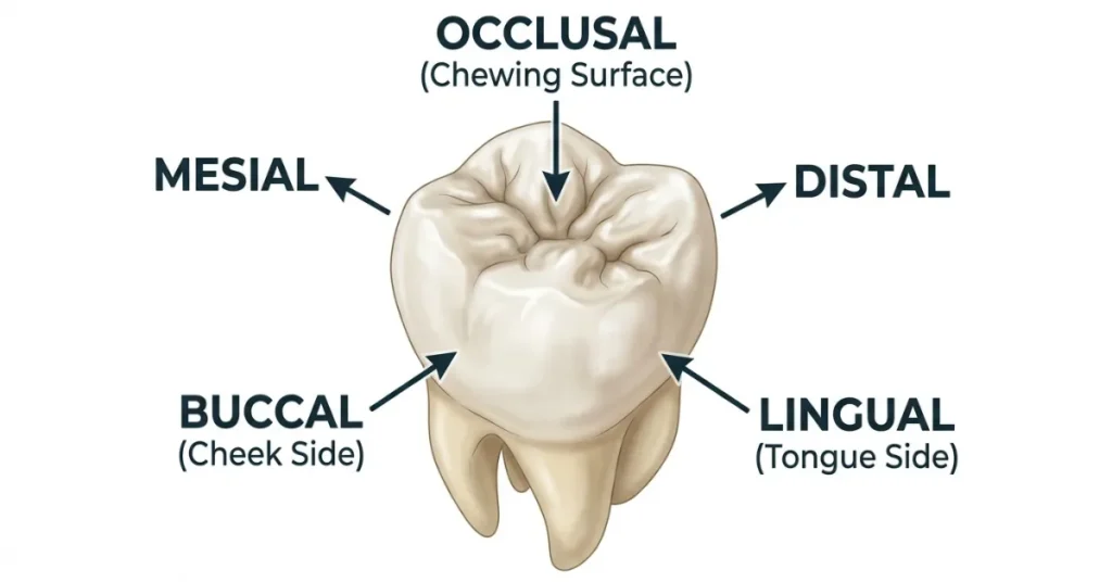 3D molar illustration labeling the five directional surfaces of a tooth: occlusal (chewing surface), mesial, distal, buccal (cheek side), and lingual (tongue side).