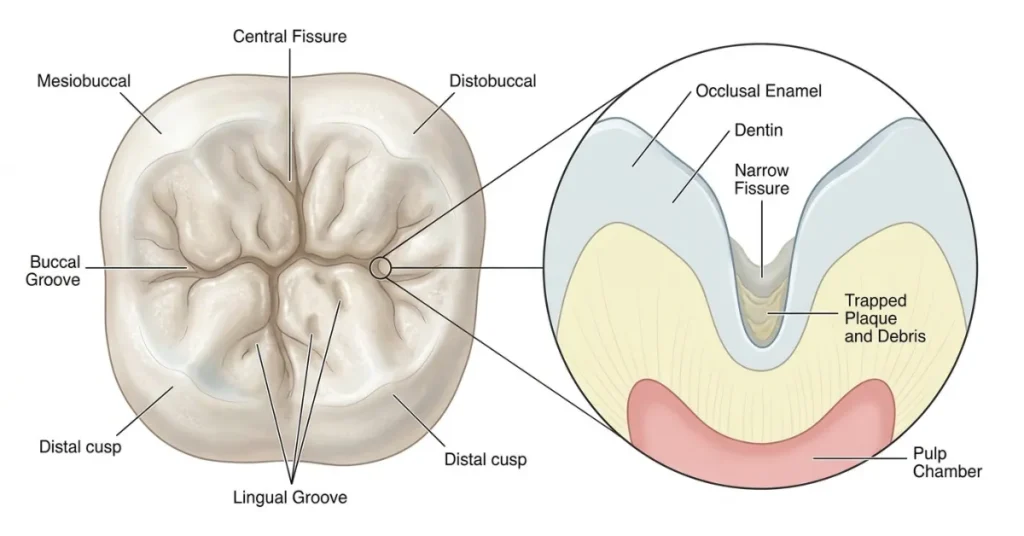 Top-down molar diagram paired with a magnified cross-section showing how plaque and food debris get trapped deep inside a narrow occlusal fissure above the dentin and pulp chamber.