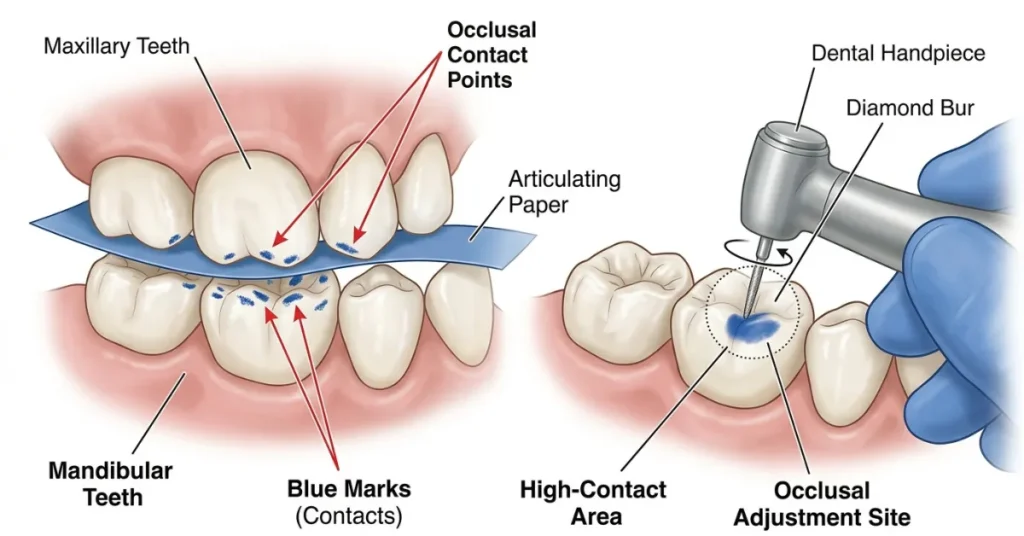 Two-panel dental diagram showing articulating paper marking blue contact points on biting surfaces, followed by a dental handpiece using a diamond bur to smooth a high-contact occlusal adjustment site.