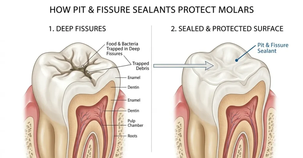 Two-panel dental infographic titled "How Pit & Fissure Sealants Protect Molars," showing an unsealed molar with trapped debris in deep fissures on the left and a smooth, resin-sealed protected surface on the right.